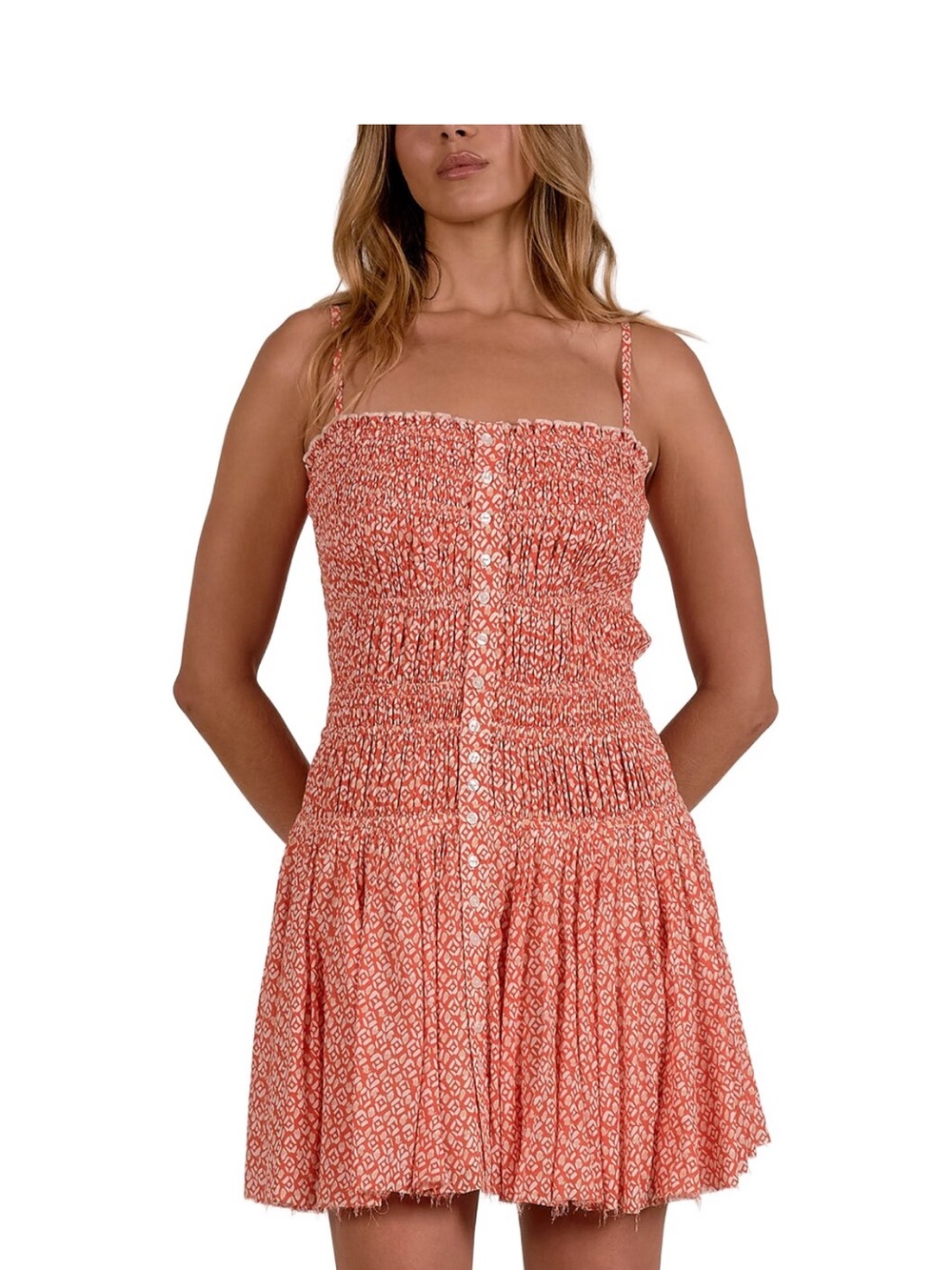 Elan Coral Printed Smocked Spaghetti-Strap Mini Dress